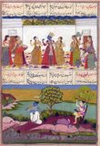 Ragamala Paintings are a series of illustrative paintings from medieval India based on Ragamala or the 'Garland of Ragas', depicting various Indian musical nodes, Ragas. They stand as a classical example of the amalgamation of art, poetry and classical music in medieval India. Ragamala paintings were created in most schools of Indian painting, starting in the 16th and 17th centuries and are today named accordingly, as Pahari Ragamala, Rajasthan or Rajput Ragamala, Deccan Ragamala, and Mughal Ragamala.