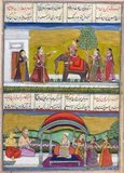 Ragamala Paintings are a series of illustrative paintings from medieval India based on Ragamala or the 'Garland of Ragas', depicting various Indian musical nodes, Ragas. They stand as a classical example of the amalgamation of art, poetry and classical music in medieval India. Ragamala paintings were created in most schools of Indian painting, starting in the 16th and 17th centuries and are today named accordingly, as Pahari Ragamala, Rajasthan or Rajput Ragamala, Deccan Ragamala, and Mughal Ragamala.