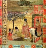 A scene from the traditional jataka, or Buddha life-cycle stories. The Buddha-to-be leaves the luxurious confinements of his father's palace and sees a sick man, one of the four encounters that lead him to seek a path to enlightenment.