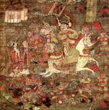 Vaiśravaṇa (Sanskrit) or Vessavaṇa (Pāli) also known as Jambhala in Tibet and Bishamonten in Japan is the name of the chief of the Four Heavenly Kings and an important figure in Buddhist mythology. Here he is depicted riding across the sea. The Buddhist era kings of Khotan claimed descent from Vaisravana, who is said to have come to live in the oasis when it was just a desert.
