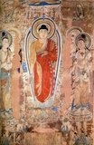 The Sakyamuni Buddha is shown flanked by two disciples teaching the Lotus Sutra on 'Vulture Peak'. Siddartha Gautama, also known as Śākyamuni ('Sage of the Śākyas'), is the primary figure in Buddhism, and accounts of his life, discourses, and monastic rules are believed by Buddhists to have been summarized after his death and memorized by his followers. Various collections of teachings attributed to him were passed down by oral tradition, and first committed to writing about 400 years later.