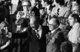 Egyptian President Anwar Sadat and Israeli Prime Minister Menachem Begin acknowledge applause during a joint session of Congress in Washington, D.C., during which President Jimmy Carter announced the results of the Camp David Accords, 18 September 1978.